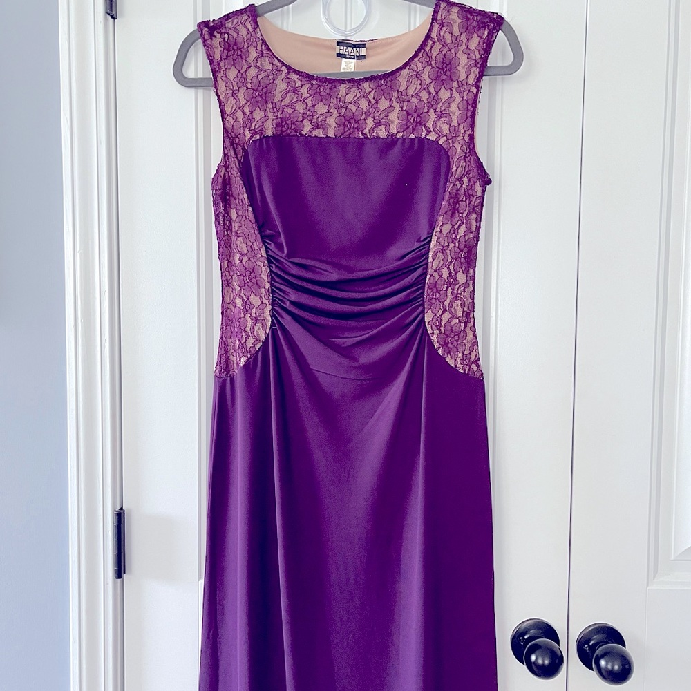 NWT HAANI Long Purple Dress w/ Lace Embellishments